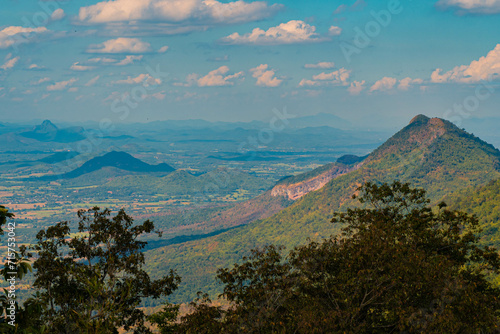 The stunning view in Forest Park from a tourist s standpoint as they go down a hill with background of blue sky  Rainforest  Thailand. Bird s eye view. Aerial view. 