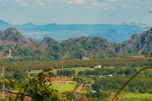 The stunning view in Forest Park from a tourist's standpoint as they go down a hill with background of blue sky, Rainforest, Thailand. Bird's eye view. Aerial view. 