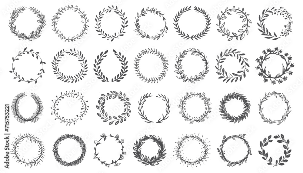 Doodle round wreaths. Herbs twigs laurel circle wreath set for holiday wedding anniversary engagement date ornaments designs, leaves frames vector sketches Doodle round wreaths. Herbs twigs laurel circle wreath set for holiday wedding anniversary engagement date ornaments designs, leaves frames vector sketches