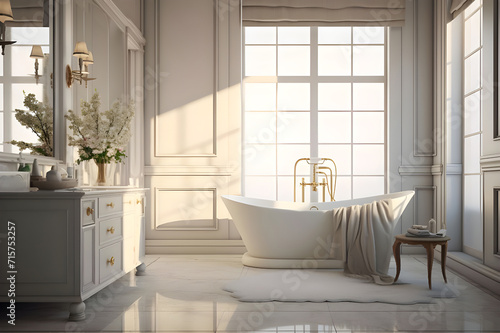 3d render of a modern bathroom with a wooden bathtub and shower - Ai Generated