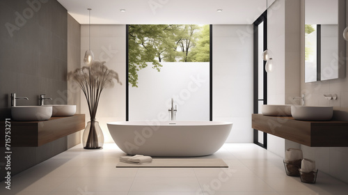 A contemporary bathroom with a freestanding bathtub  a double vanity  and modern fixtures