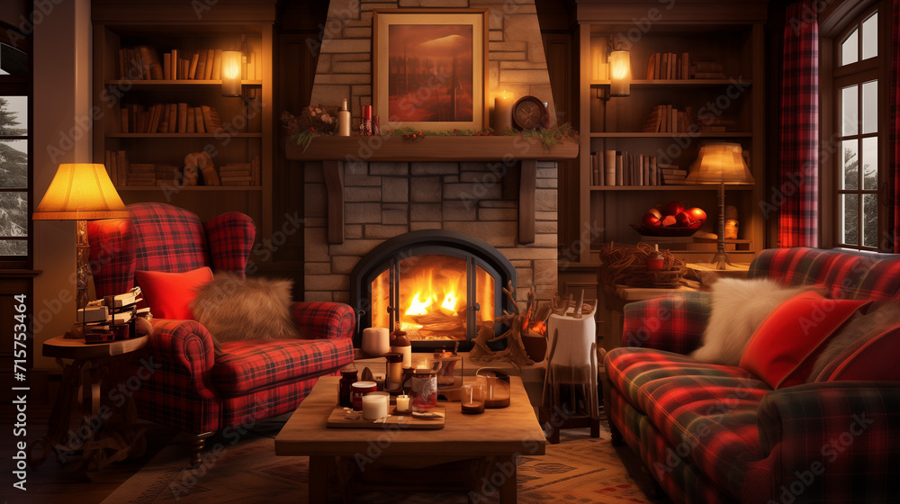  A cozy cottage living room with a fireplace, plaid accents, and comfortable seating