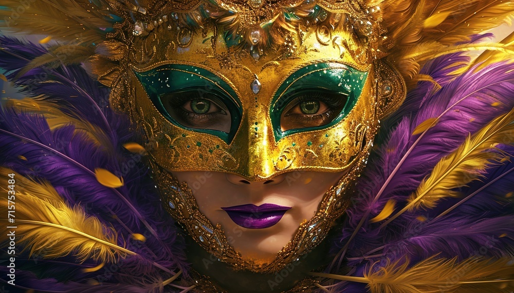 woman wearing a golden carnival mask, generative ai