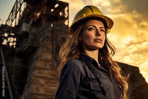 Portrait of a Determined Female Fortification Specialist Overseeing the Construction of a Medieval Castle, with a Sunset Sky in the Background © aicandy