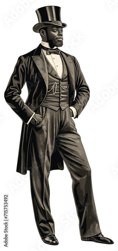 Engraved afro gentleman. Vintage male black victorian gentleman vector illustration, vintage etched elegant man portrait