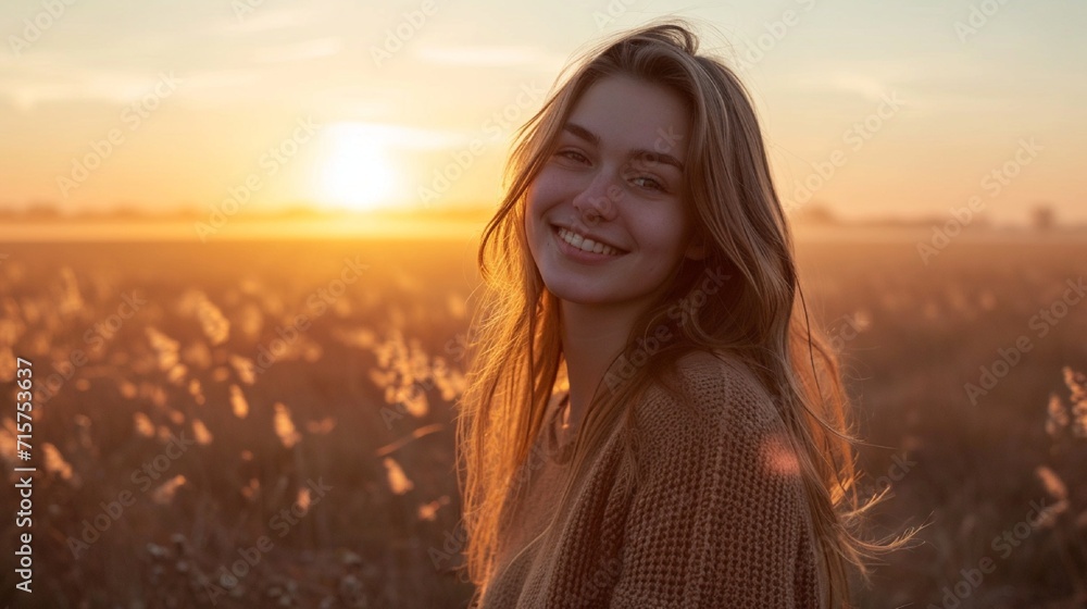 A teenager with a captivating smile, enjoying an Easter sunrise on a misty morning in a peaceful countryside setting