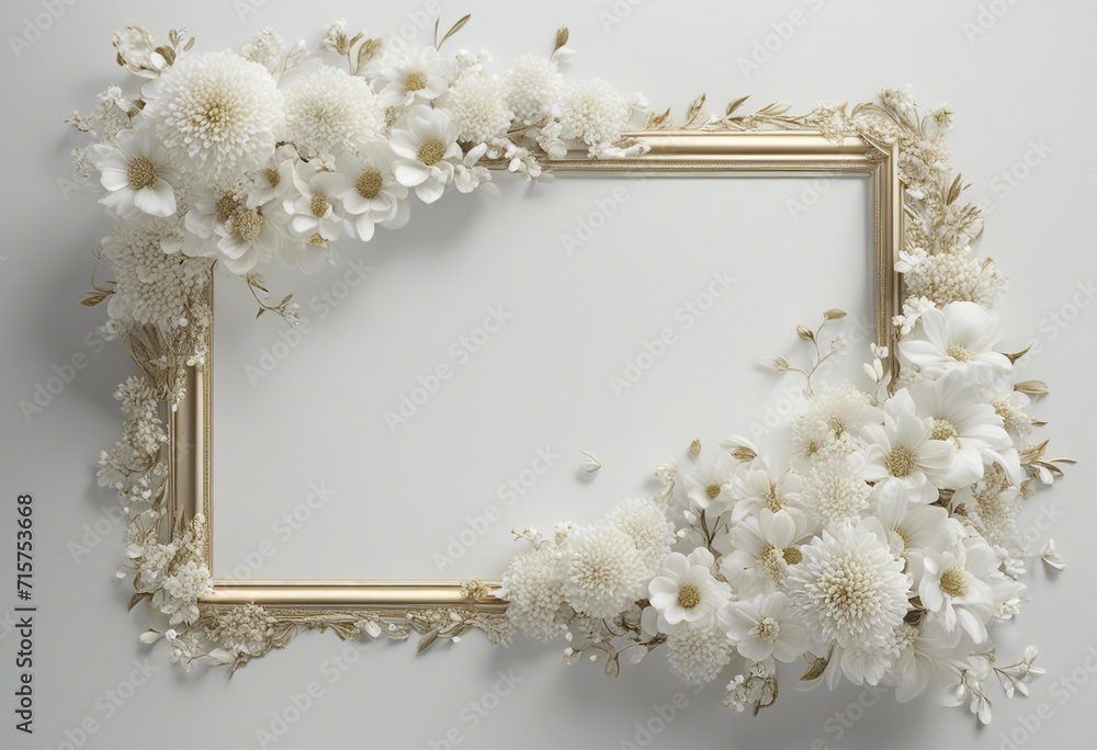 Rectangular ornate picture frame with white flowers at the corners on a plain background. Elegant and delicate. Rectangular ornate picture frame with white flowers at the corners on a plain background. Elegant and delicate.