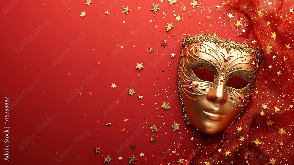 Golden carnival mask and golden stars on red viva magenta background. Top view, copy space. Carnival party celebration concept, generative ai, celebration, carnival - celebration event, photography, 