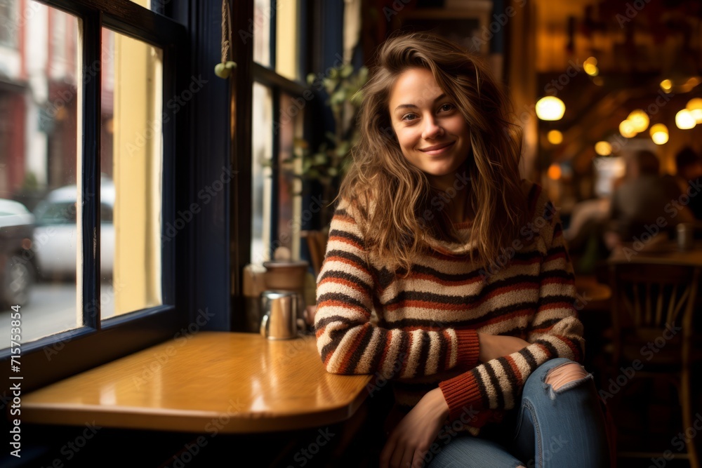 A woman in a navy and beige striped sweater enjoying a peaceful afternoon in a vintage coffee shop, surrounded by antique furniture and a warm, inviting atmosphere A woman in a navy and beige striped sweater enjoying a peaceful afternoon in a vintage coffee shop, surrounded by antique furniture and a warm, inviting atmosphere