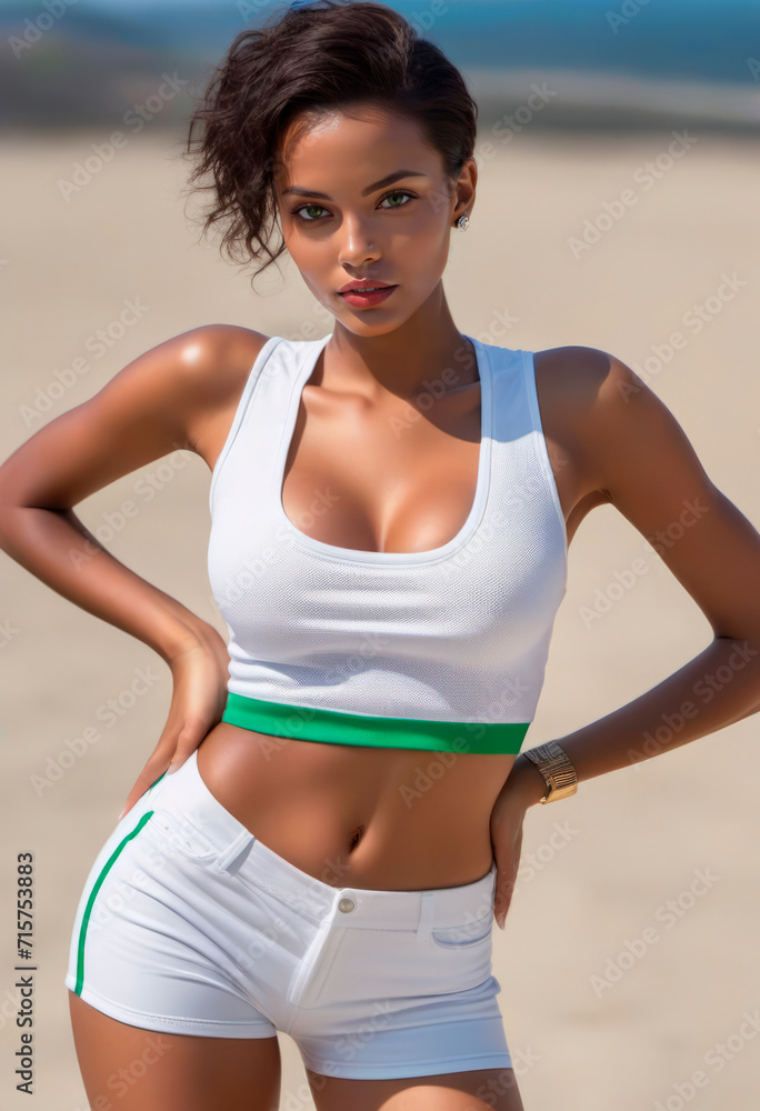 A beautiful woman with an amazing body is posing on the beach. She is wearing a white top and white shorts with a green stripe. Her hands are on her hips and she is looking directly at the camera. A beautiful woman with an amazing body is posing on the beach. She is wearing a white top and white shorts with a green stripe. Her hands are on her hips and she is looking directly at the camera.