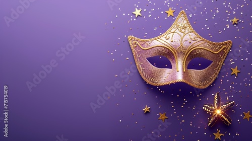 Happy Purim carnival decoration concept made from mask and sparkle star on purple background. (Happy Purim in Hebrew, jewish holiday celebrate, generative ai