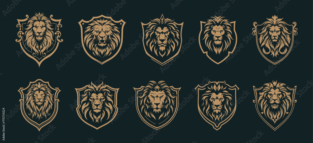 Lions emblems. Heraldic lion king head shields isolated for security luxury guarding designs, royal emblem vector elements Lions emblems. Heraldic lion king head shields isolated for security luxury guarding designs, royal emblem vector elements