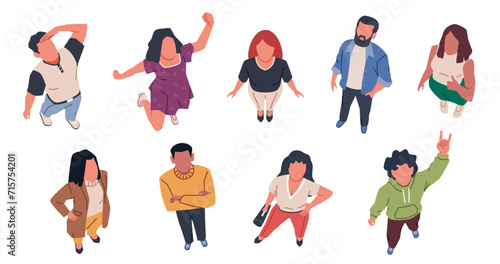 City people looking up. Top view men and women in casual clothes, surprise from above, persons reaction and attention, pointing and watching in sky cartoon flat isolated nowaday vector set