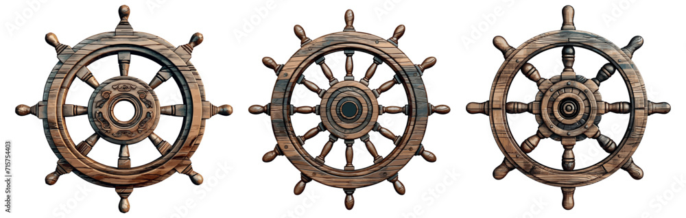 Obraz premium Marine wooden steering wheels. Sailboat pirate helms, yacht ship wheel equipment, vector nautical old boat steer sailor captain wood circles isolated