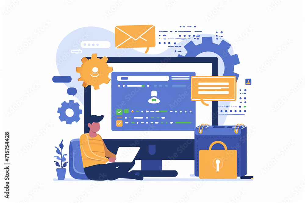 A drawing of a user accessing a securely developed web application, Secure Software Development drawings, flat illustration A drawing of a user accessing a securely developed web application, Secure Software Development drawings, flat illustration