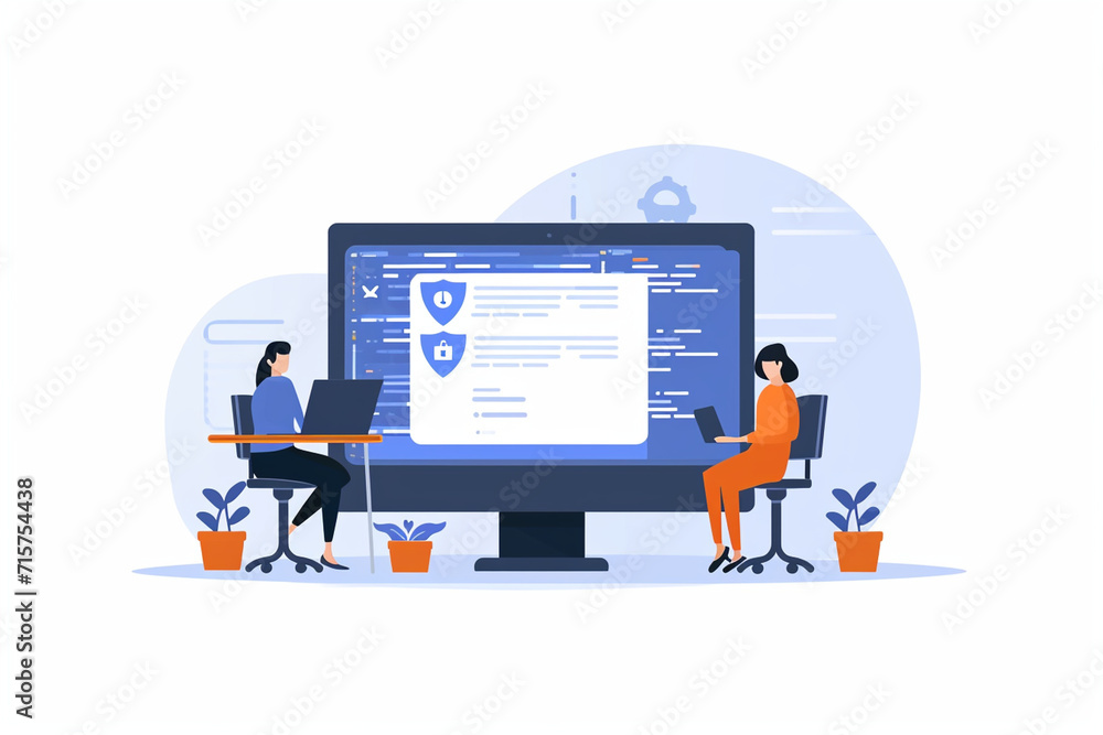 A scene of developers performing a security patch update, Secure Software Development drawings, flat illustration A scene of developers performing a security patch update, Secure Software Development drawings, flat illustration