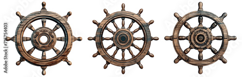 Marine wooden steering wheels. Sailboat pirate helms, yacht ship wheel equipment, vector nautical old boat steer sailor captain wood circles isolated