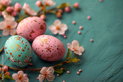 chocolate easter eggs and tree blossoms on blue background