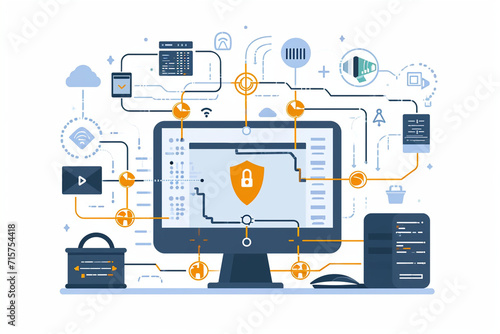 A virtual private network (VPN) setup on a computer, Secure Software Development drawings, flat illustration
