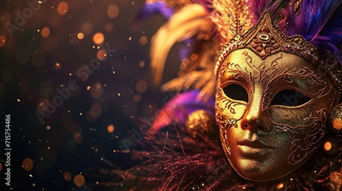 Mardi Gras party with golden masks and feathers on copy space background, generative ai