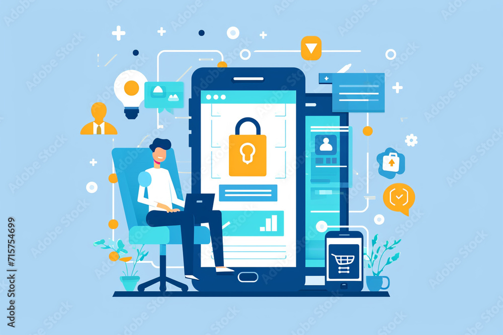 An illustration showing the process of secure user authentication in an app, Secure Software Development drawings, flat illustration An illustration showing the process of secure user authentication in an app, Secure Software Development drawings, flat illustration