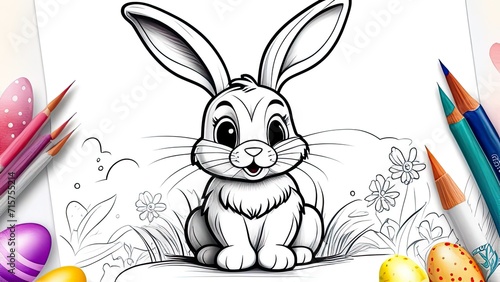 Easter coloring page. Easter Bunny with Easter egg. Black and white illustration for coloring book, line art.
