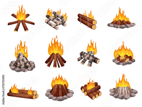 Bonfires types. Different ways of laying logs in campfires, woodpile made various trees, burning wood stack, flame igniting, cartoon flat isolated illustration. Night camp tidy vector set