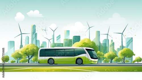 Green bus with wind turbines driving near a green city