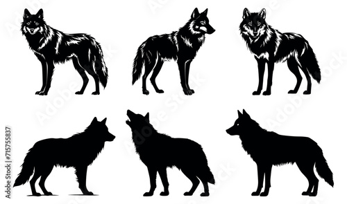 Wolf silhouettes. Isolated wolfs emblems graphics  wolves wildlife simple black vector illustrations