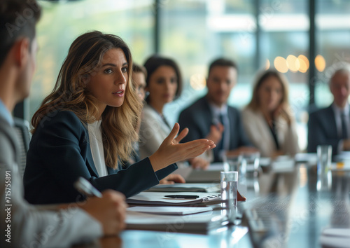 Corporate business meeting in a boardroom, with a businesswoman talking to her team