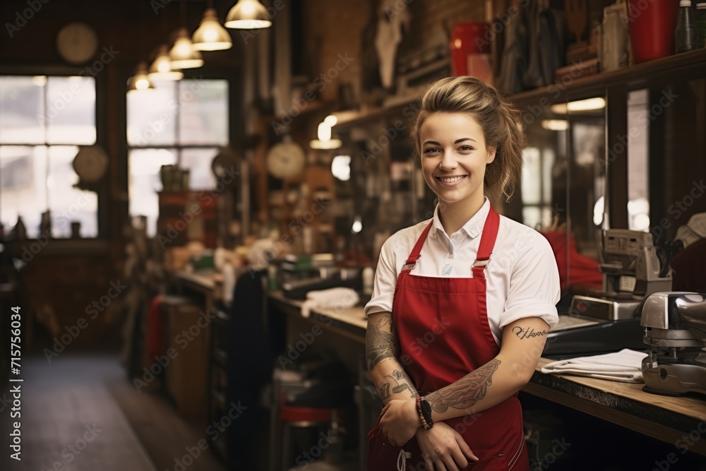 Portrait of a confident female barber standing in her vintage-style barbershop, surrounded by antique barber tools and a classic red and white barber pole