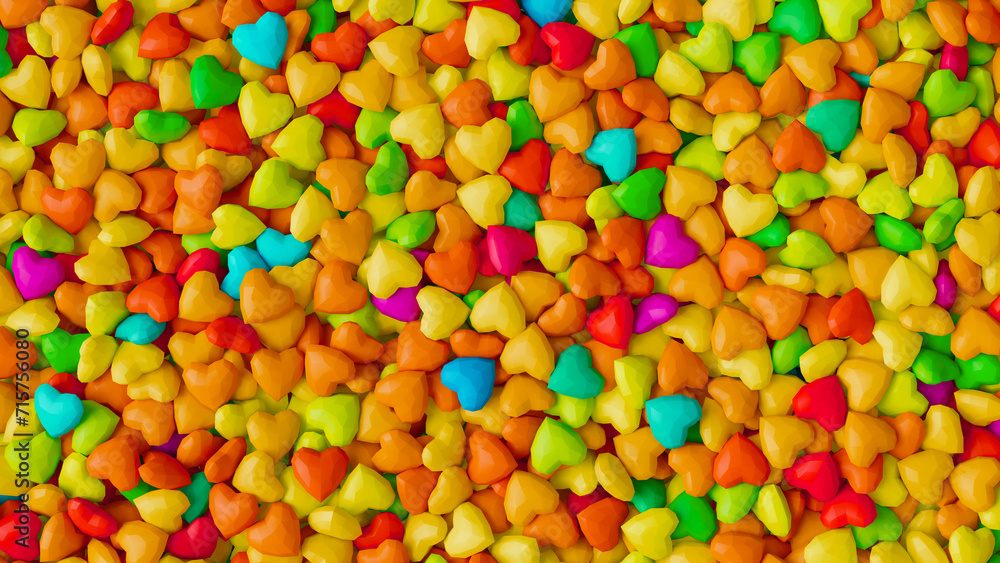 Many polygonal colorful hearts background, top view. Valentines day concept. 3d render illustration Many polygonal colorful hearts background, top view. Valentines day concept. 3d render illustration