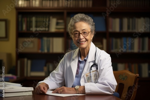 A Compassionate Geriatrician in Her Office, Surrounded by Medical Books, Certificates, and Photos of Her Patients, Reflecting the Dedication and Love for Her Profession photo