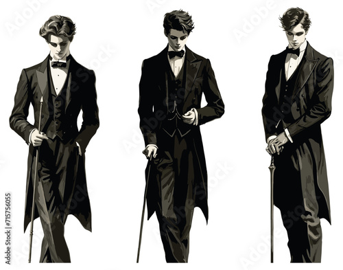 Young handsome formalwear man. Vintage style youthful gentleman posing, elegant confidence man guy in retro suit with cane vector illustration