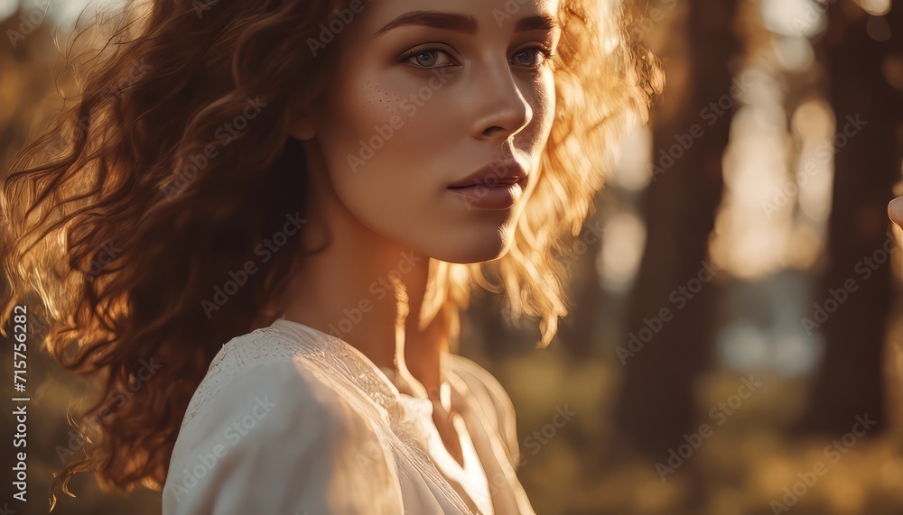 Natural young woman with freckles in sunset with shadows on face. Natural beauty close-up of a cute