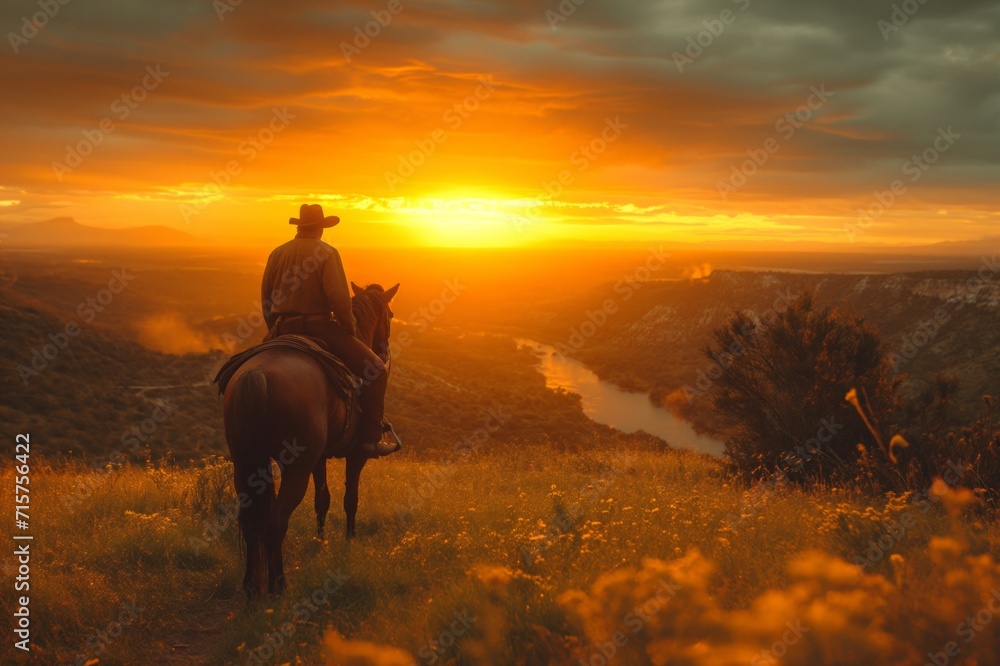 Cowboy on horse at bright sunset in desert. Wild West concept Cowboy on horse at bright sunset in desert. Wild West concept