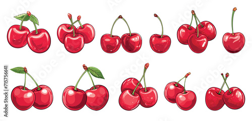 Cherries fresh. Isolated cherry cartoon sketch style. Tasty ripe berries, seasonal harvest. Natural vitamins, raw for pie, jam, marmalade, vector collection
