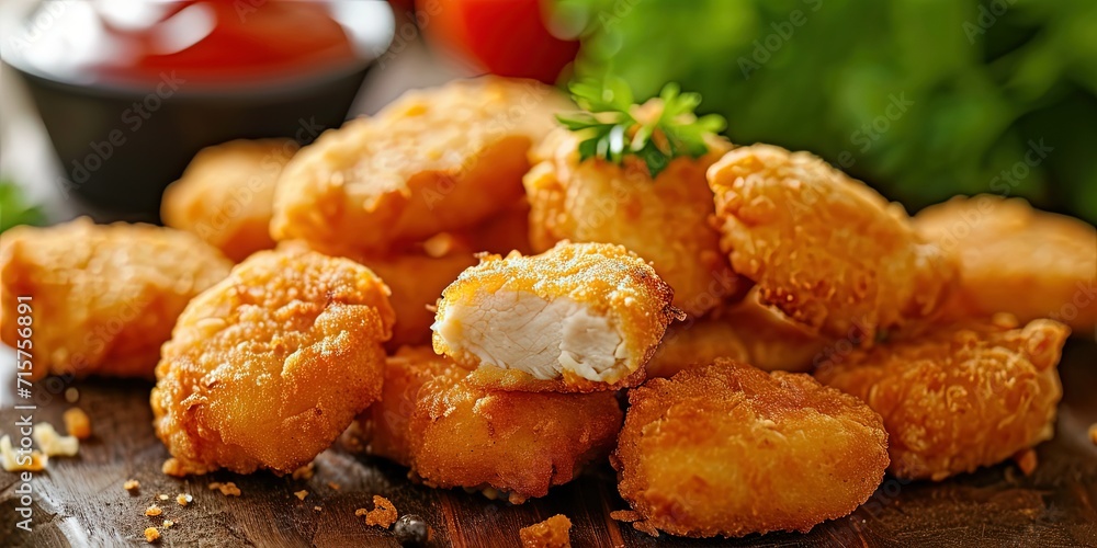 Delicious freshly cooked nuggets on the table and sauce in the background, fast food, chicken. Delicious freshly cooked nuggets on the table and sauce in the background, fast food, chicken.