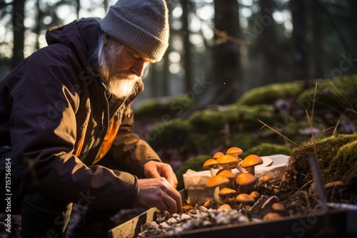 An Experienced Mycologist Deep in the Forest, Engrossed in the Study of Diverse Mushroom Species and Documenting Their Unique Characteristics
