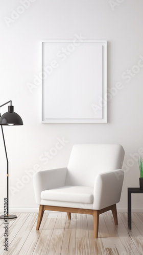 Blank picture frame mockup on white wall. White living room design. View of modern style interior with chair and lamp. minimalism, concept 