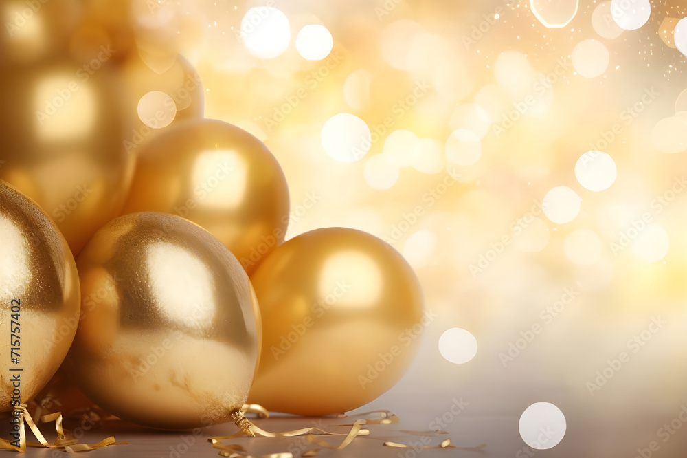 Holiday background with golden balloons and bokeh lights - Ai Generated