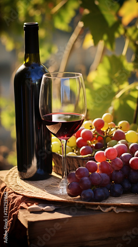 Glass of red wine, ripe grapes and bottle on table in vineyard