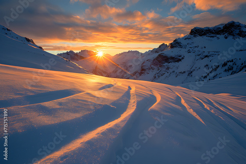 Pistenzauber: Stimmungsvolle Aufnahme einer Skipiste mit Skifahrern, eingefangen in einer malerischen Winterlandschaft, perfekt für winterliche Sport- und Urlaubsillustrationen photo