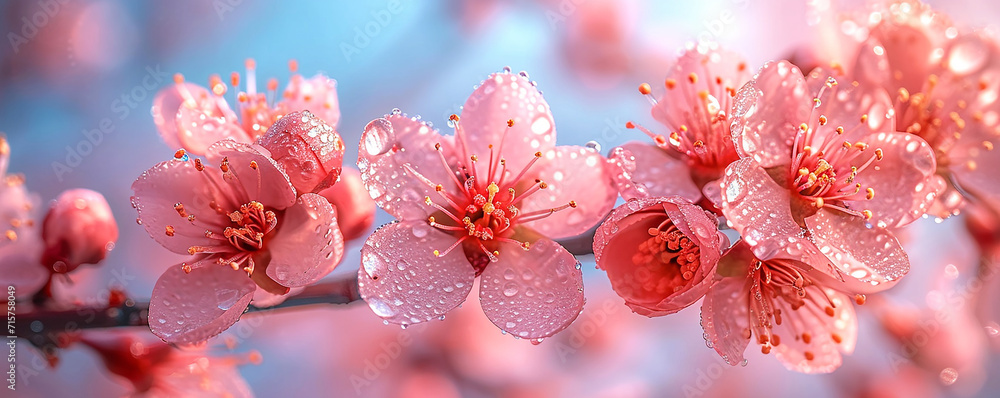 Close-up of cherry blossoms with dew drops, bathed in a soft, dreamy light, Dew-kissed Cherry Blossoms Close-up Close-up of cherry blossoms with dew drops, bathed in a soft, dreamy light, Dew-kissed Cherry Blossoms Close-up