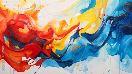 Bold primary red yellow and cadmium blue pours swirlin painting photo