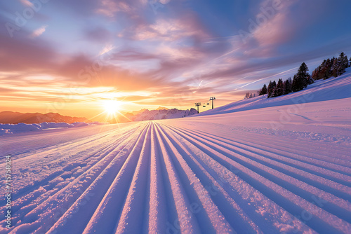 Pistenzauber: Stimmungsvolle Aufnahme einer Skipiste mit Skifahrern, eingefangen in einer malerischen Winterlandschaft, perfekt für winterliche Sport- und Urlaubsillustrationen