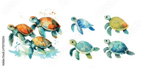 Isolated turtles watercolor style. Turtle different colors, decorative animals clipart for printable or design. Vector wild nature characters set