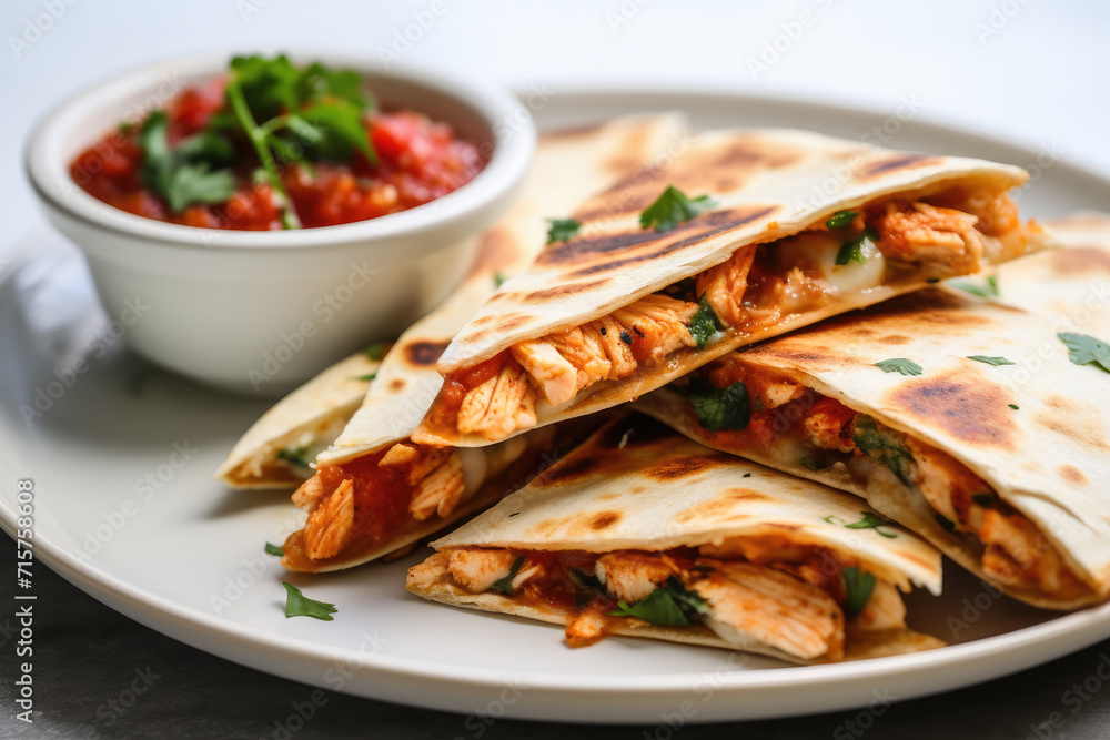 Closeup of a Chicken Quesadilla on a Kitchen Counter Closeup of a Chicken Quesadilla on a Kitchen Counter