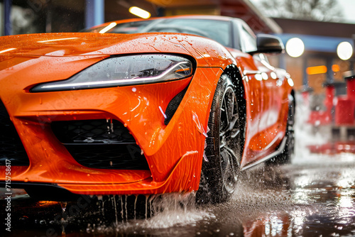 Bright orange sports car getting a thorough rinse at a car wash, with water droplets and reflective shine visible on the surface. © apratim