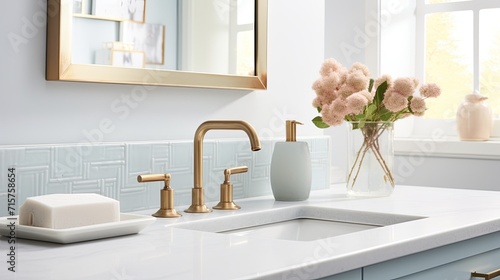 The soft pastel color on this bathroom vanity brings a touch of modern beach house interior design to this space. house beautifully it pairs with the brass faucet and fixtures home design ideas